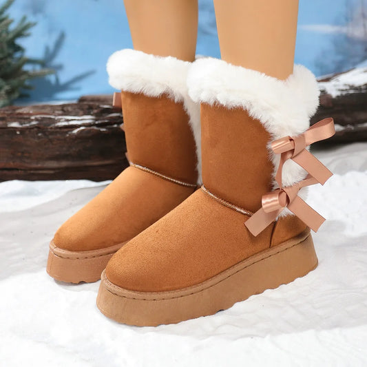 Bottes de neige femme – effet suédé – doublure fausse fourrure – semelle épaisse – nœud décoratif – hauteur mi-mollet