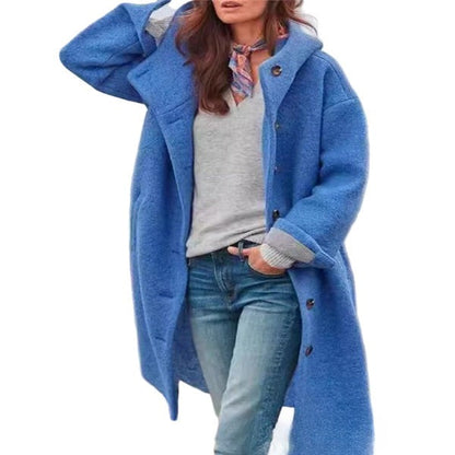 Manteau femme long – Coupe oversize – Tissu effet laine – Capuche – Boutonnage devant
