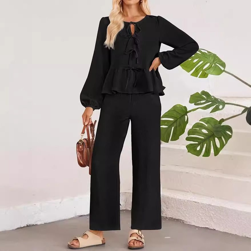 Ensemble femme – Haut col V à liens nœuds manches longues – Pantalon large taille haute