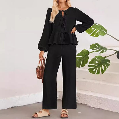 Ensemble femme – Haut col V à liens nœuds manches longues – Pantalon large taille haute