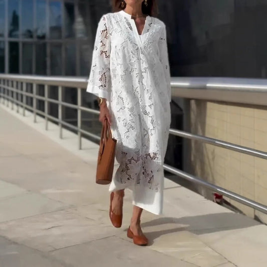 Robe femme – Dentelle ajourée – Coupe fluide – Manches longues – Décolleté en V