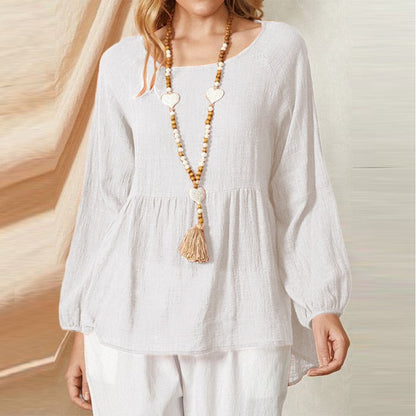 Chemise babydoll femme – Coupe ample – Manches lanterne – Coton lin – Col rond