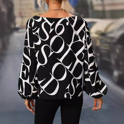 Haut femme asymétrique – Coupe ample – Manche lanterne – Imprimé audacieux