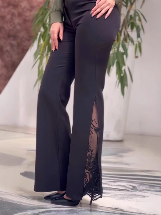 Pantalon femme évasé – Taille haute – Coupe slim – Dentelle élégante