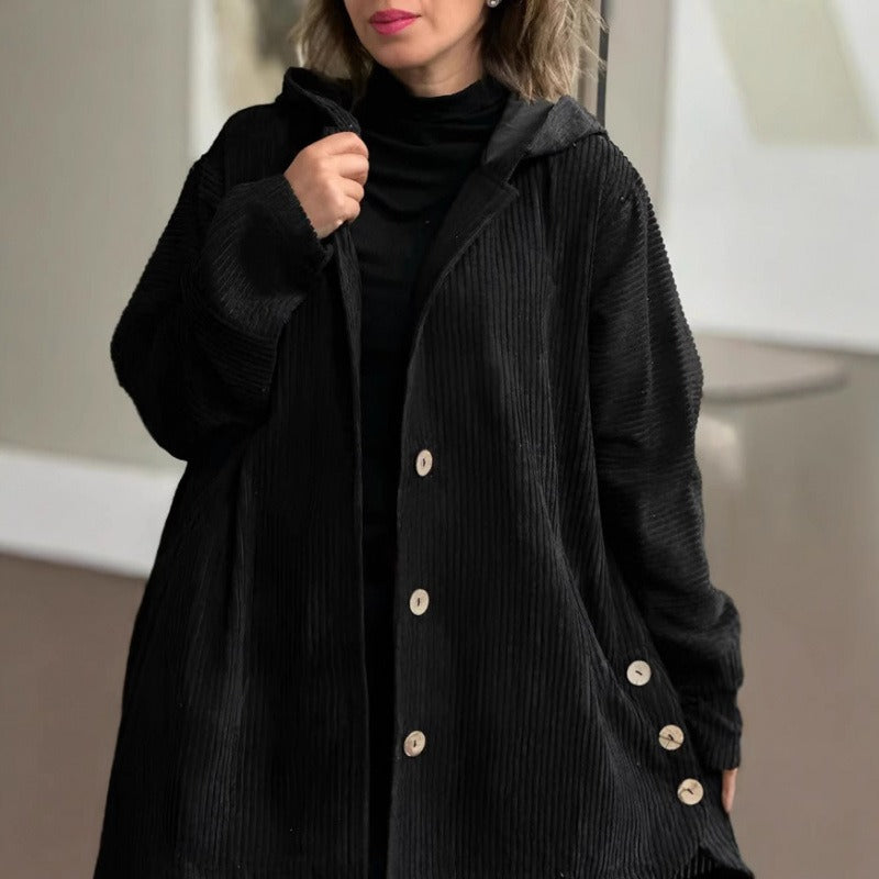 Veste femme décontractée – Velours côtelé – Coupe oversize – Capuche – Boutons – Poches