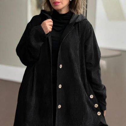 Veste femme décontractée – Velours côtelé – Coupe oversize – Capuche – Boutons – Poches