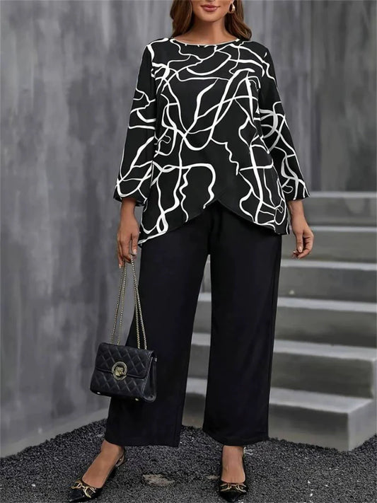 Ensemble femme deux pièces – Haut ample manches longues imprimé – Pantalon large fluide