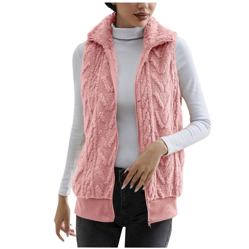 Gilet sans manches femme – Fleece jacquard – Coupe décontractée – Col montant zippé