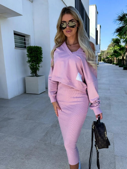 Robe Sweat Femme – Coupe Slim – Coton Doux – Col V – Longueur Midi – Ensemble Coordonné