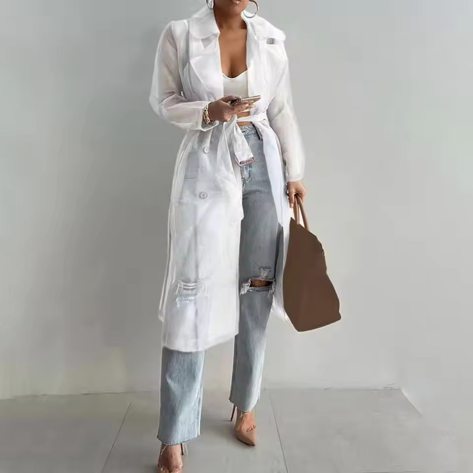 Manteau trench femme – Coupe décontractée – Long – Voile léger – Taille ceinturée