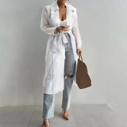 Manteau trench femme – Coupe décontractée – Long – Voile léger – Taille ceinturée