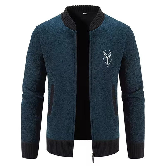Sweatshirt zippé homme – Maille laine – Coupe casual – Motif brodé – Poches avant