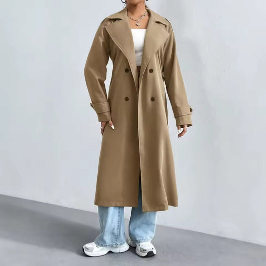 Manteau trench femme – Coupe droite – Longue – Double boutonnage – Col à revers