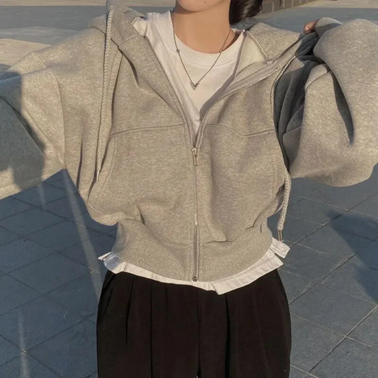 Sweat à capuche zippé femme – Coupe courte – Style oversize – Coton doux avec poches