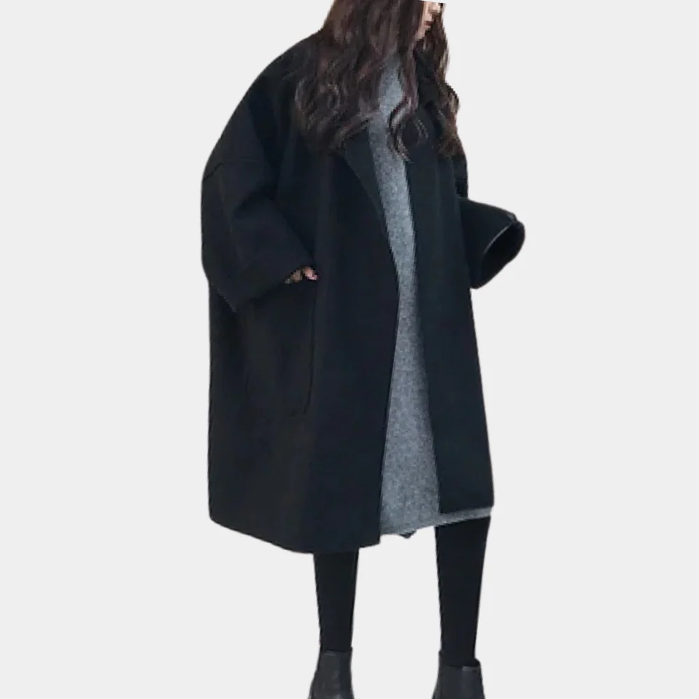Manteau long femme – Coupe oversize – Laine mélangée – Poches plaquées – Col à revers