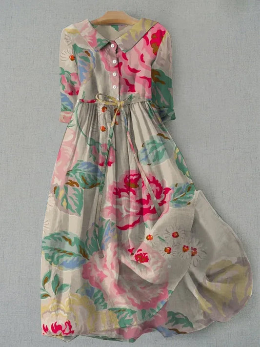 Robe midi femme – Coupe décontractée – Col chemise – Manches courtes – Imprimé floral