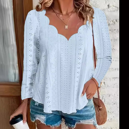 Blouse femme – Coupe décontractée – Coton léger – Broderie florale – Manches longues