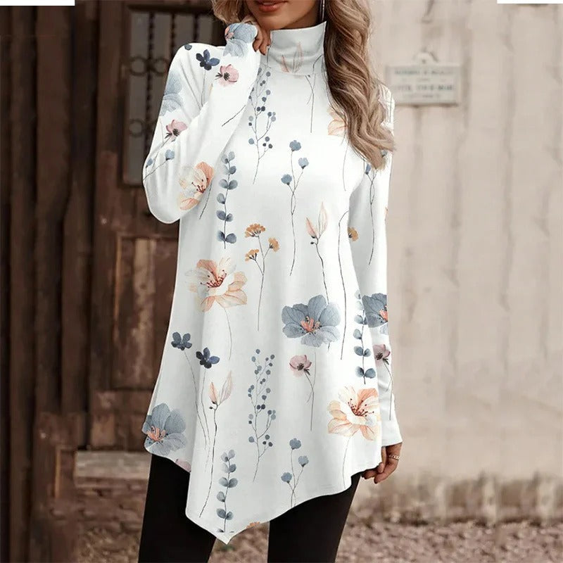 Blouse femme – Coupe décontractée – Col montant – Manches longues – Ourlet asymétrique