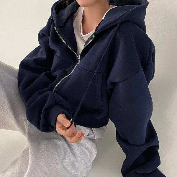 Sweat à capuche zippé femme – Coupe courte – Style oversize – Coton doux avec poches