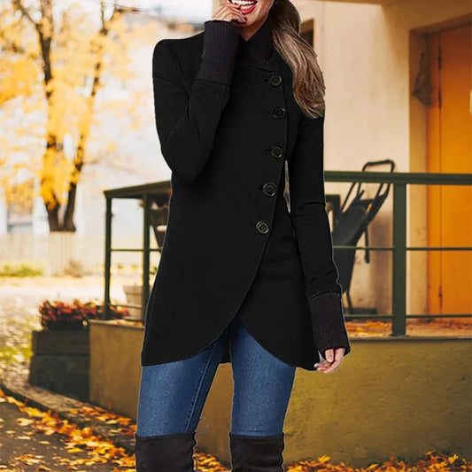 Veste femme – Coupe cintrée – Boutonnage asymétrique – Col montant – Longueur mi-cuisse