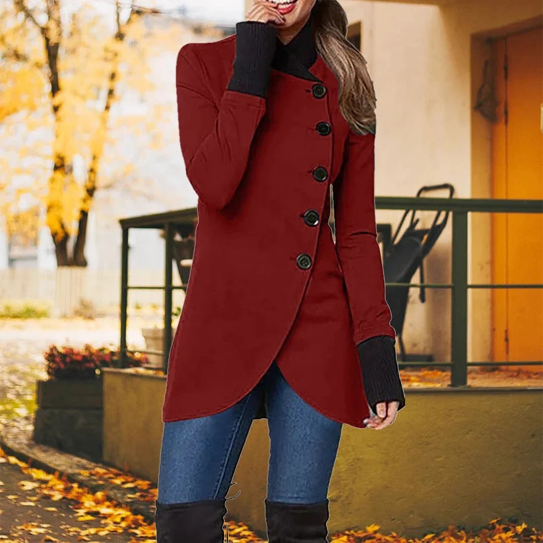 Veste femme – Coupe cintrée – Boutonnage asymétrique – Col montant – Longueur mi-cuisse