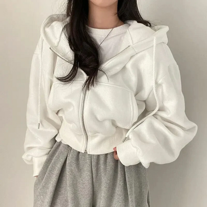Sweat à capuche zippé femme – Coupe courte – Style oversize – Coton doux avec poches