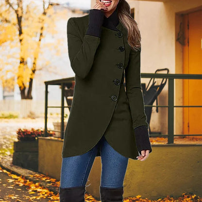 Veste femme – Coupe cintrée – Boutonnage asymétrique – Col montant – Longueur mi-cuisse
