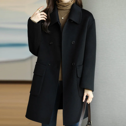 Manteau femme double boutonnage – Coupe structurée – Tissu effet laine – Col à revers