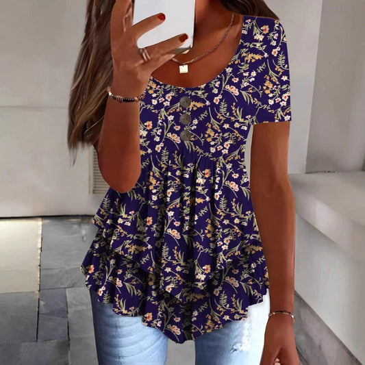 Blouse femme – Coupe décontractée – Boutonnée – Imprimé fleuri – Ourlet volanté
