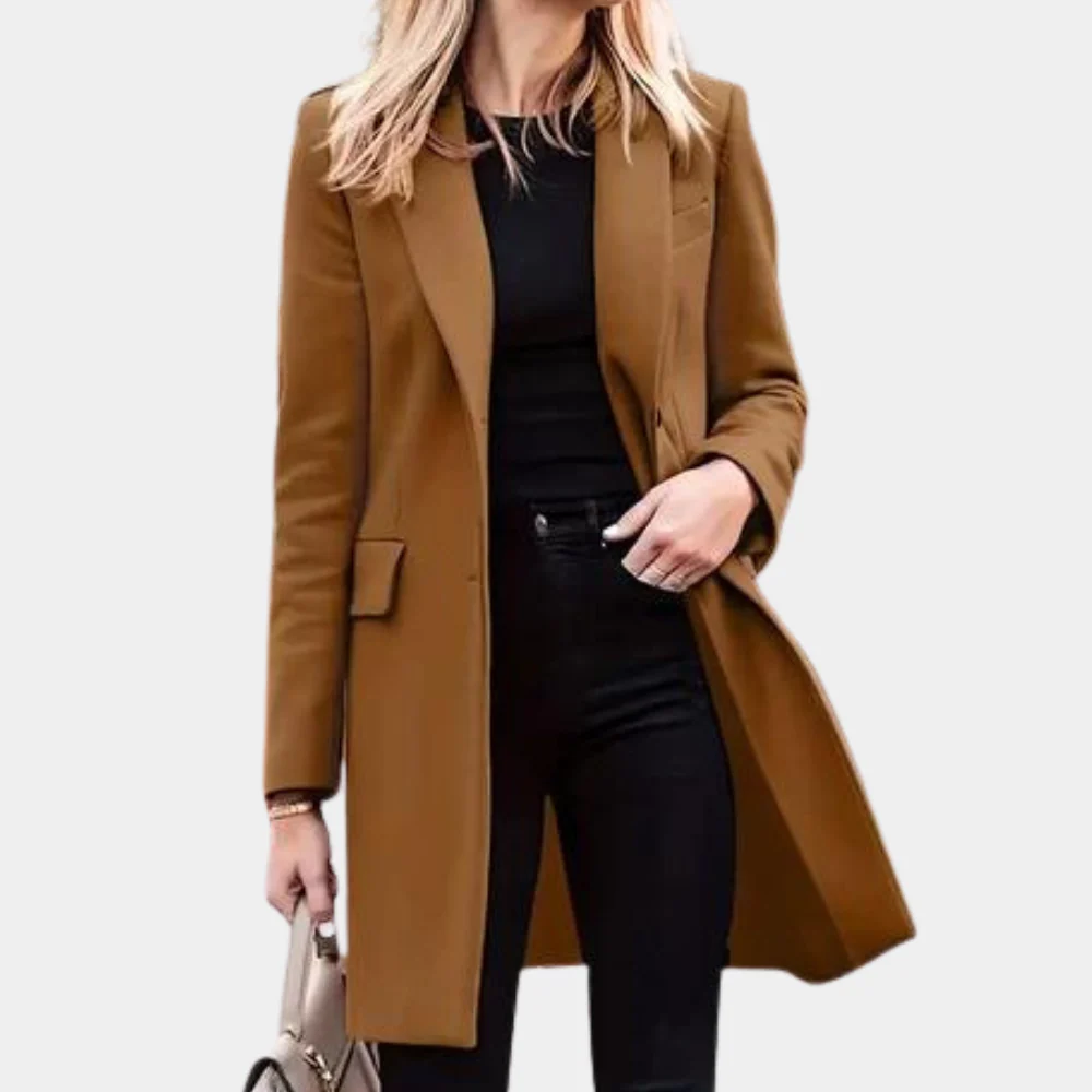 Manteau trench femme – Coupe cintrée – Longueur mi-cuisse – Design minimaliste – Poches à rabat