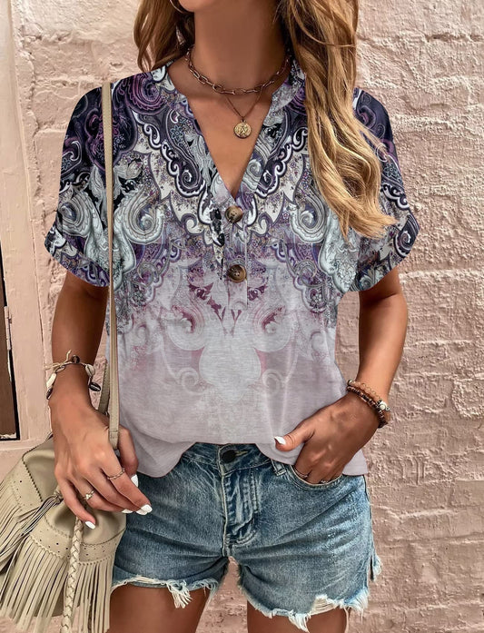 Chemise femme – Coupe décontractée – Manches courtes – Col en V boutonné – Motif floral et cachemire – Tissu léger respirant