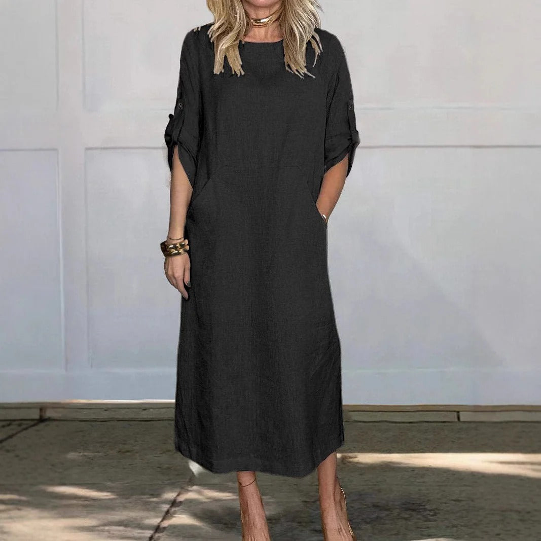Robe midi femme – Coupe décontractée – Lin doux – Manches retroussables – Poches côtés