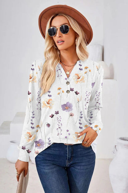 Blouse femme – Coupe décontractée – Motif fleuri – Manches longues – Tissu respirant