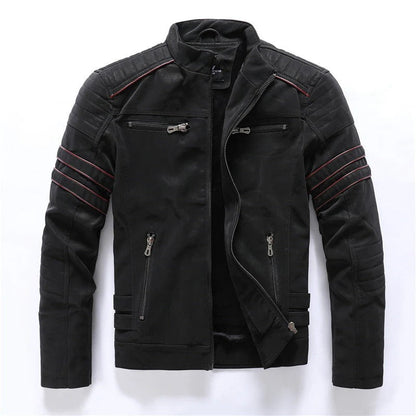 Blouson biker homme – Coupe slim – Épaules matelassées – Col montant zippé