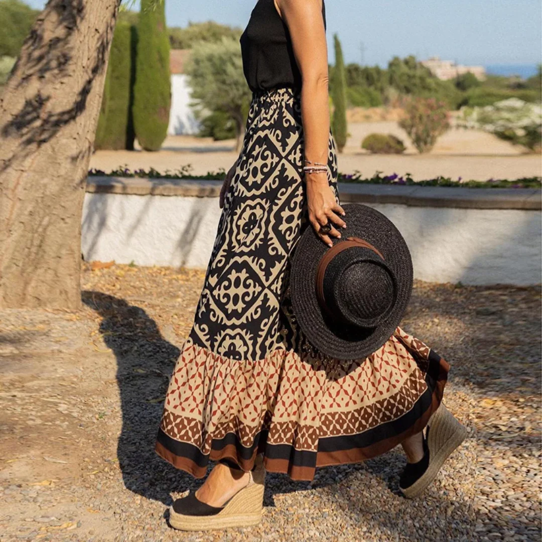 Jupe longue femme – Taille haute – Imprimé géométrique – Coupe fluide à volants