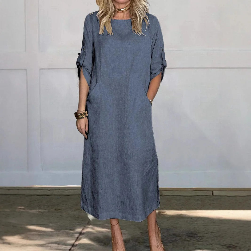 Robe midi femme – Coupe décontractée – Lin doux – Manches retroussables – Poches côtés