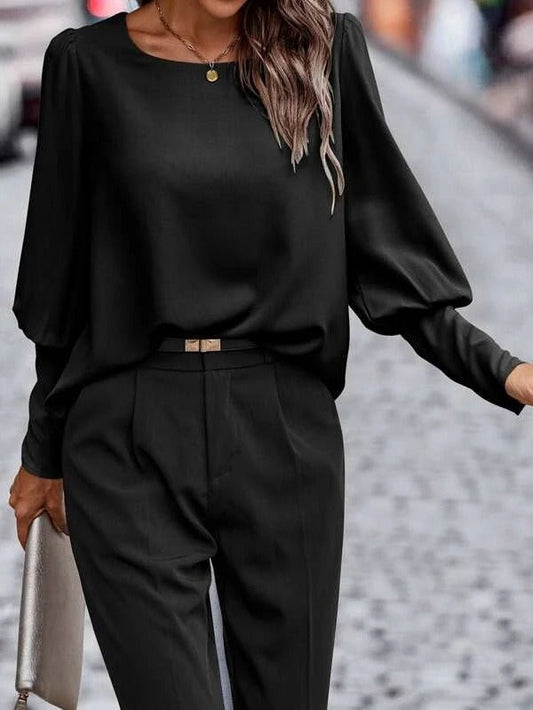 Blouse femme – Coupe décontractée – Effet satin – Manches bouffantes – Détail boutons