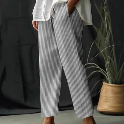 Pantalon large femme – Lin et coton – Taille cordon – Rayures – Coupe décontractée