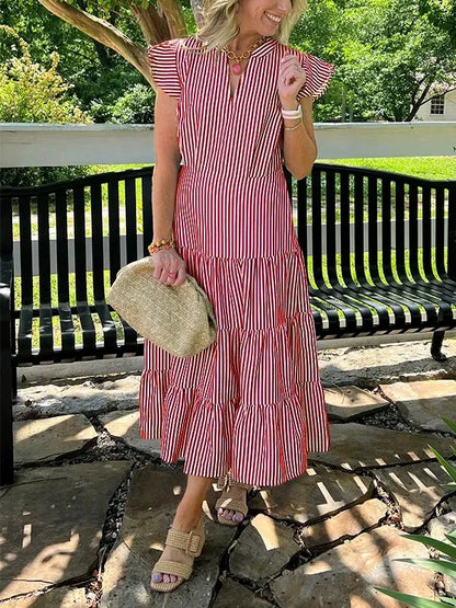 Robe midi femme – Coupe ample – Imprimé rayé – Manches volantes – Col en V – Coton