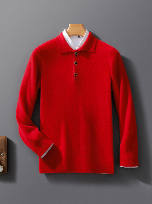 Sweatshirt homme – Maille laine – Coupe décontractée – Col polo – Bouton décoratif