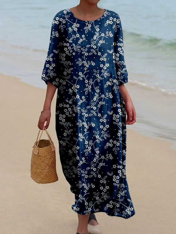 Robe midi femme – Coupe ample – Manches longues – Col rond – Imprimé fleuri rétro