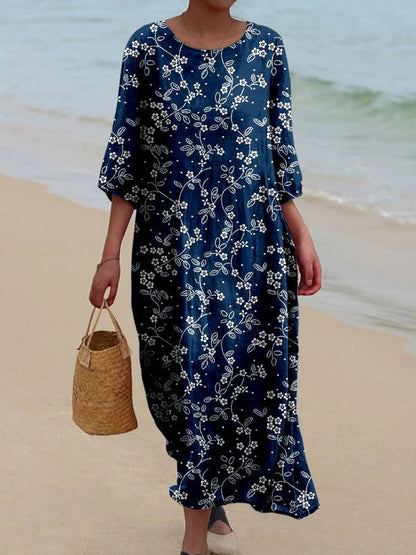Robe midi femme – Coupe ample – Manches longues – Col rond – Imprimé fleuri rétro