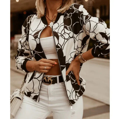 Veste Femme Courte – Coupe Slim – Imprimé Feuilles – Fermeture Zippée – Finitions Côtelées