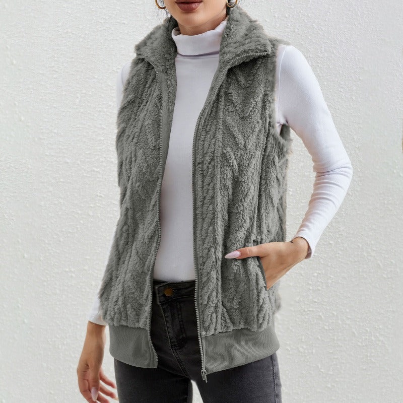 Gilet sans manches femme – Fleece jacquard – Coupe décontractée – Col montant zippé