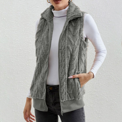 Gilet sans manches femme – Fleece jacquard – Coupe décontractée – Col montant zippé