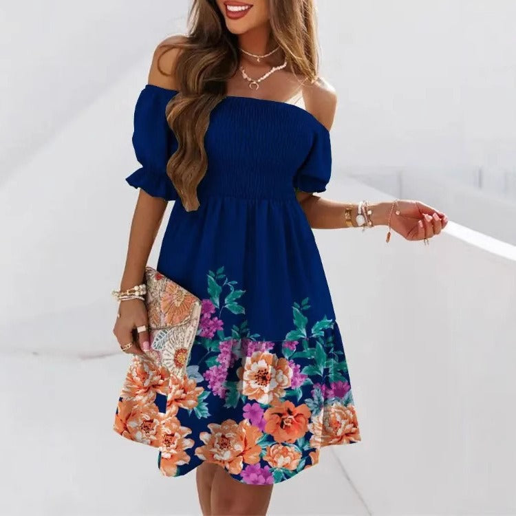 Robe midi femme – Une épaule – Coupe évasée – Taille plissée – Imprimé élégant