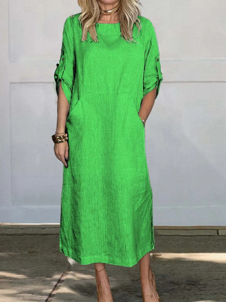 Robe midi femme – Coupe décontractée – Lin doux – Manches retroussables – Poches côtés