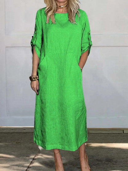 Robe midi femme – Coupe décontractée – Lin doux – Manches retroussables – Poches côtés