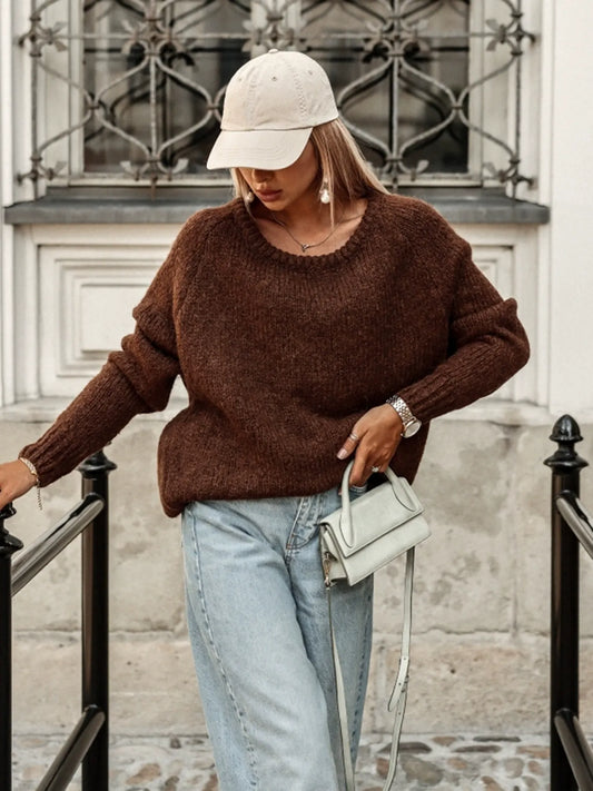 Pull femme – Laine – Coupe décontractée – Col rond – Poignets côtelés