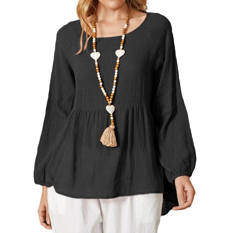 Chemise babydoll femme – Coupe ample – Manches lanterne – Coton lin – Col rond